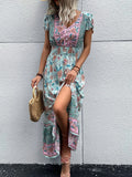 Blue Floral Print Shirred Waist Petal Sleeve Fake Button Slit Hem Dress