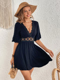 Black Guipure Lace Insert Flare Sleeve Dress