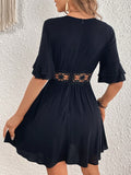 Black Guipure Lace Insert Flare Sleeve Dress