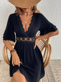 Black Guipure Lace Insert Flare Sleeve Dress