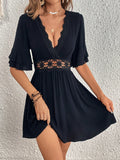 Black Guipure Lace Insert Flare Sleeve Dress