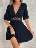 Black Guipure Lace Insert Flare Sleeve Dress