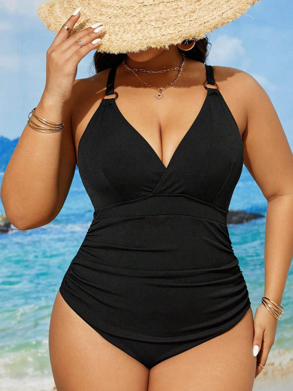 Solid Color Cross Strap One-Piece Swimsuit