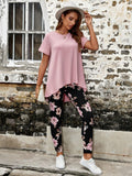 Solid Tee & Floral Print Leggings