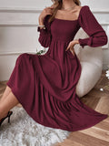 Maroon Khaki Square Neck Shirred Ruffle Hem Dress