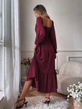 Maroon Khaki Square Neck Shirred Ruffle Hem Dress