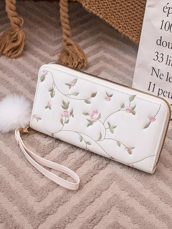 White Embroidery Multi-card Slots Long Wallet