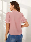 Pink Tie Neck Ruffle Cuff Solid Top