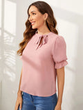 Pink Tie Neck Ruffle Cuff Solid Top