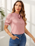 Pink Tie Neck Ruffle Cuff Solid Top