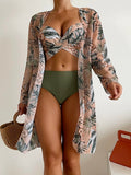 Tropical Print Wrap Underwire Bikini Swimsuit With Kimono