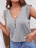 Gray Frenchy Contrast Guipure Lace Half Button Tee