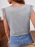 Gray Frenchy Contrast Guipure Lace Half Button Tee