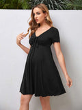 Black Drawstring Front Lettuce Trim Dress