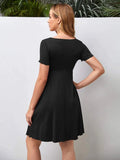 Black Drawstring Front Lettuce Trim Dress