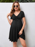 Black Drawstring Front Lettuce Trim Dress