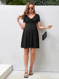 Black Drawstring Front Lettuce Trim Dress