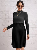 Mock Neck Pleated Hem Nursing Dress