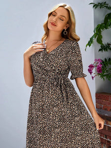 Allover Print Flounce Sleeve Nursing Dress