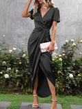 Satin Puff Sleeve Wrap Hem Dress