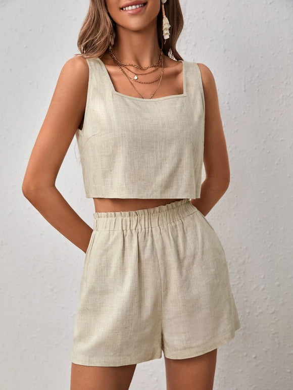 olid Split Back Tank Top & Paperbag Waist Shorts