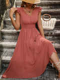 Ruffle Trim Shirred Waist A-line Dress