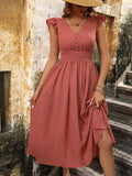 Ruffle Trim Shirred Waist A-line Dress