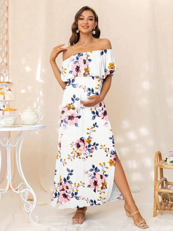 Floral Print Off Shoulder Ruffle Trim Dress