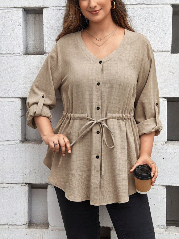 Roll Tab Sleeve Drawstring Waist Blouse