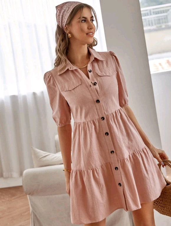 Solid Button Up Smock Dress