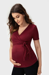 Maroon Maternity Wrap Tie Front Top