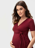 Maroon Maternity Wrap Tie Front Top