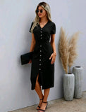 V Neck Button Front Twist Dress