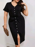 V Neck Button Front Twist Dress