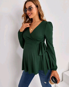 Green Cross Wrap Rib-knit Belted Tee