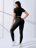 Black Solid Seamless High Stretch Crop Tee & Leggings