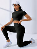 Black Solid Seamless High Stretch Crop Tee & Leggings